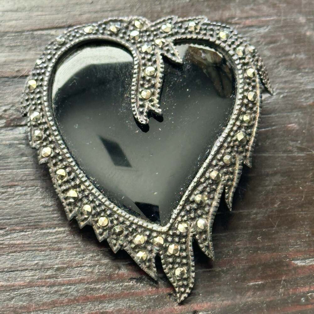Vintage Sterling Silver 925 Heart Brooch Pin Black Onyx Marcasite Embellishment